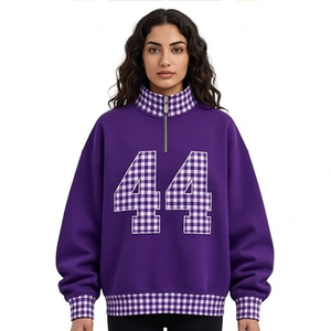 Sweat-shirt polaire oversize pour femme avec col montant, imprimé numéro 44 sur le devant, patchwork à carreaux, manches classiques, idéal pour l'automne - Product Image 4