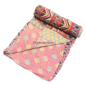 Indian Handmade 100% Cotton Kantha <b>Quilt</b> Bedding Blanket Gudri Indian Reversible Hand Stitched Heavy Throw Old Sari Blanket - Product Image 1