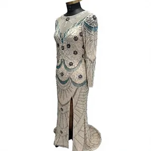 Robe de soirée perlée faite à la main, robe de fête en maille à manches longues, tenue de banquet pour femmes - Product Image 5