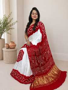 White <b>Red</b> Gajji Silk Bandhani <b>Saree</b> Traditional Bandhej <b>Saree</b> - Product Image 1