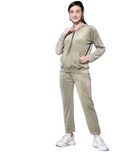 Ensemble de survêtement en velours pour femmes, à capuche, manches longues, couleur unie, tenue de jogging décontractée avec poches latérales, taille élastique - Product Image 1