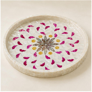 Luxury <b>Round</b> Mother of Pearl Inlay <b>Tray</b> Wholesale Multicolor Floral Shell Mosaic Decorative Serving <b>Tray</b> for Coffee <b>Table</b> - Product Image 1