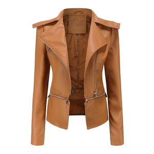 Chaqueta Safari de Cuero Sintético para Mujer, Cierre de Cremallera, Cuello Camisero, Manga Tres Cuartos, Estilo Invernal, Color Sólido, Largo Regular - Product Image 1