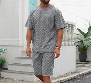 Conjunto de 2 Piezas para Hombre, Estilo Casual de Verano, Camisa de Manga Corta y Pantalones Cortos de Terciopelo con Textura Geométrica - Product Image 3