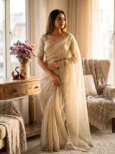 Sari Designer Shadow Jarkan avec broderie de diamants et de miroirs véritables, motif Moss Butti, et pièce de blouse non cousue motif Moss Butti - Product Image 3