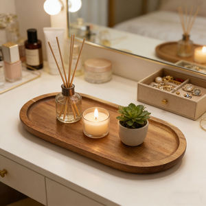 Plateau décoratif ovale en bois avec diffuseur de bougies et mini pot de plante, vase minimaliste pour table, bureau ou maison - Product Image 4