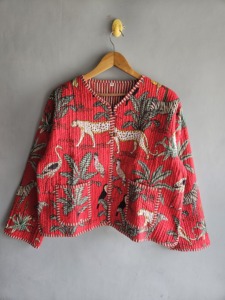 Red Quilted Jacket With <b>Animal</b> Print <b>Pattern</b> Full Sleeve Pullover Women's Summer Jacket Woven Polyester Fabric gift <b>for</b> her - Product Image 1
