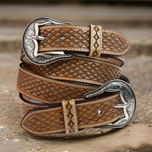 Cinturón de Cuero Estilo Western con Grabado Artesanal de Hojas de Vaquero y Hebilla de Aleación (Latón/Acero Inoxidable/Aleación) - Product Image 6