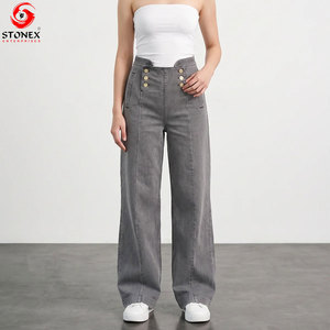 Jean en denim gris uni pour femme, taille mi-haute, coupe large, respirant, ample, longueur intégrale, style streetwear, écologique, avec impression de logo personnalisé - Product Image 1