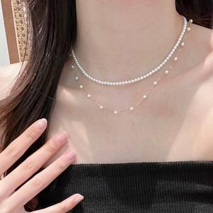 "18K Gold Starry Freshwater Pearl Necklace 3-4mm Beads Collarbone Chain 20 Round <b>Bright</b> <b>Light</b> Women's Luxury" - Product Image 2