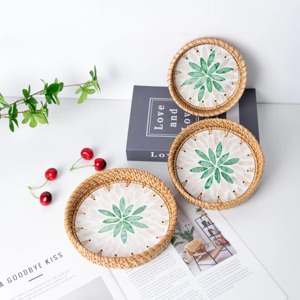 Two Piece Green Design Mother Of Pearl Rattan Edge <b>Serving</b> Tray <b>Set</b> Perfect For Stylish Party Entertaining And Gifting Purpose - Product Image 2