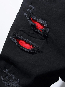 Shorts en jean noir pour homme, taille mi-haute, fermeture boutonnée, style streetwear déchiré, 100% coton tissé - Product Image 4