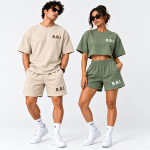 custom couple streetwear <b>tshirt</b> short sets mens dark green t shirt shorts womens mauve <b>purple</b> crop top track shorts casual suit - Product Image 2