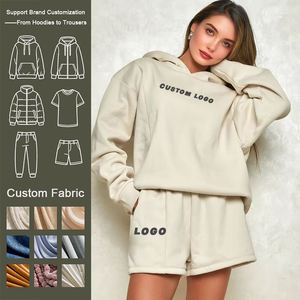 ชุดเซ็ตฮู้ดดี้และกางเกงขาสั้นผ้าฟลีซคอตตอนเนื้อหนาคุณภาพสูงสำหรับผู้หญิง ตกแต่งด้วยงานปักแบบเรียบง่าย สไตล์สตรีทแวร์สำหรับฤดูหนาว - Product Image 2