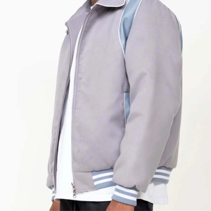 Women's Gray Varsity Jacket Full Sleeve Solid Color Stand Collar Zipper Closure Autumn Wear Contrast Trim - Product Image 4
