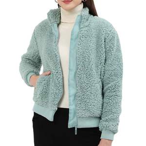Chaqueta Sherpa Verde Menta para Mujer, Abrigo de Invierno Cálido, Sudadera de Forro Polar Azul Claro con Cierre y Bolsillos - Product Image 1