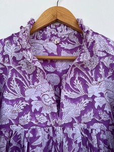 Women Purple Floral Print Woven Cotton Daily Maxi <b>Dress</b> Ruffled V-Neck Balloon Sleeve Tiered <b>A</b>-Line Boho Summer <b>Dress</b> - Product Image 3