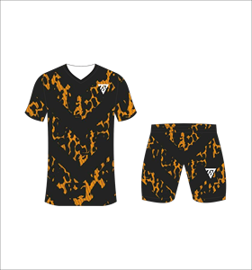 Custom sublimated <b>soccer</b> uniform set for men with black and orange abstract pattern print jersey and matching shorts - Product Image 5