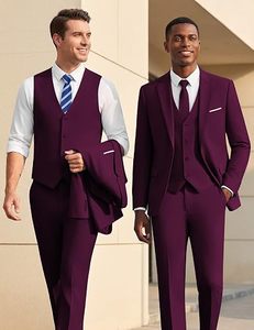 Traje de 3 piezas para hombre, mezcla de lana morada, blazer, chaleco y pantalón, formal, para negocios o bodas, antiarrugas, corte ajustado, botonadura sencilla - Product Image 3