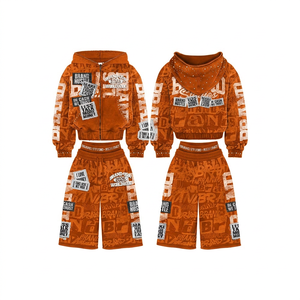 Ensemble sweat à capuche et short imprimé bleu sarcelle pour homme, style streetwear, veste zippée, motif lettres, en molleton bouclette, tenue assortie pour l'automne - Product Image 2