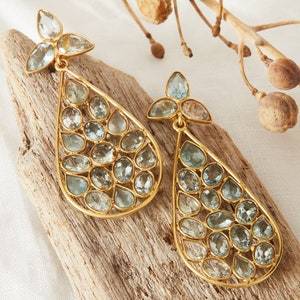 Vintage Natural Light Blue Aquamarine <b>Chandelier</b> Earrings 18K Gold Plated Sterling <b>Silver</b> Bohemian Luxury Royal Wedding - Product Image 2