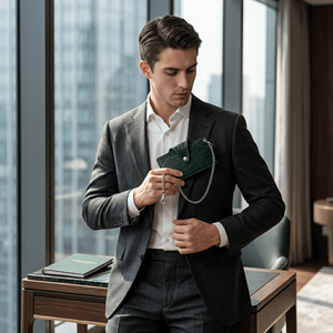 WRIZA Genuine Leather Croc Embossed Eyeglass <b>Case</b> Slim <b>Sunglasses</b> Pouch Keychain Hook Travel Spectacle Holder Forest Green Luxes - Product Image 3