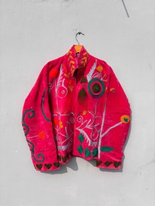 Handmade Pink Velvet <b>Jacket</b> for <b>Women</b> Vibrant Suzani Floral Embroidery and Heart Motifs Traditional Boho Style Winter Coat - Product Image 1