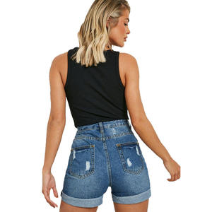 Shorts en jean déchirés taille haute pour femme, bleu délavé, coupe skinny, style décontracté, effet vieilli, pour dames - Product Image 2