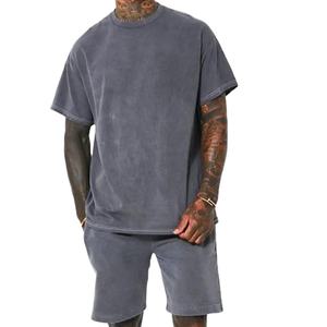 Plus Size Men's Washed Cotton T-Shirt Shorts <b>Set</b> Solid Color Casual Summer Outfit <b>Knitted</b> Breathable Clothing - Product Image 1