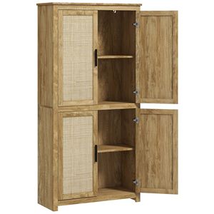 Modern 64\" Tall <b>Kitchen</b> <b>Pantry</b> Storage Cabinet Solid Wood MDF with 4 Rattan Doors 4 Tier Eco-friendly Shelves Natural Style - Product Image 1