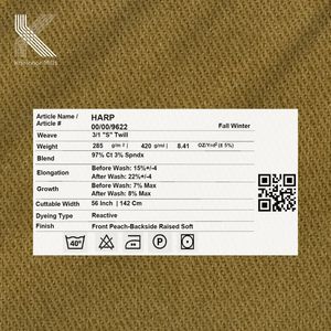 ผ้าทวิลผสมคอตตอนและสแปนเด็กซ์ น้ำหนัก 285 กรัมต่อตารางเมตร ผลิตจากเส้นด้ายคอตตอนหวี 97% ผสมสแปนเด็กซ์ 3% ผ้าทอเนื้อปานกลาง เหมาะสำหรับทำกางเกงและเสื้อแจ็คเก็ต - Product Image 4