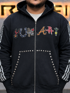 Sweat à capuche zippé pour homme, coupe oversize, 100% coton épais, avec manches imprimées personnalisées, strass et effet vieilli, style streetwear - Product Image 4