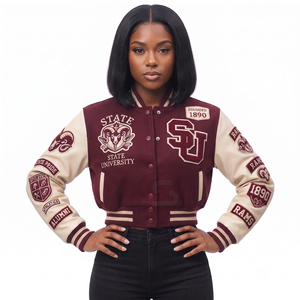 OEM Custom <b>Winter</b> Chenille Embroidery Logo wool body with <b>Leather</b> saleeve Bomber <b>Jacket</b> Genuine <b>Leather</b> crop Varsity <b>Jackets</b> - Product Image 5