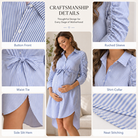 Robe de maternité rayée pour femme, manches 3/4, froncée, boutonnée, avec ceinture à nouer, décontractée, pour la grossesse et le quotidien