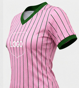 Camiseta de Fútbol Personalizada para Mujer, Color Rosa, con Malla a Rayas, Cuello en V, Manga Corta, Uniforme de Verano para Equipo - Product Image 3