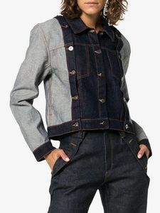 Women's Color Blocked <b>Denim</b> <b>Jacket</b> <b>Cropped</b> Button Front Long Sleeve Casual Spring Style Stonewashed Cotton Coat - Product Image 1
