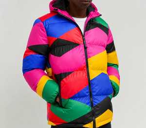 Men's Color Blocking Plaid Pattern Patchwork <b>Fleece</b> Puffer <b>Jacket</b> Hooded Zipper Front Windproof Casual Winter Outerwear <b>Thick</b> - Product Image 2
