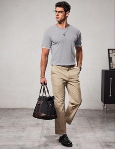 T-shirt pour homme à manches courtes gris, col rond, coupe ajustée, 100% coton tricoté, décontracté, respirant, couleur unie, longueur normale - Product Image 1