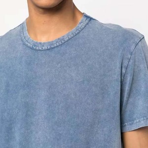T-shirt en coton bleu délavé pour homme, manches courtes, coupe ample, col rond, jersey décontracté vintage, respirant, couleur unie - Product Image 6