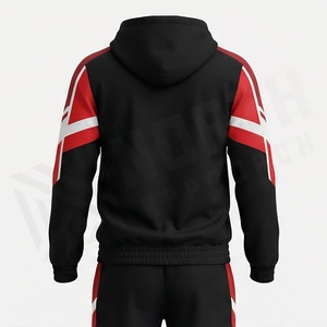 Survêtement à capuche pour homme, fermeture éclair intégrale, sweat-shirt sportif bicolore avec poches latérales, tenue d'automne, design noir, rouge et blanc - Product Image 2