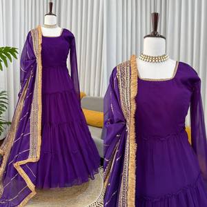 ชุดเดรส Anarkali สีน้ำเงินเข้ม ผ้าจอร์เจตต์เทียม ปักเลื่อม พร้อมผ้าคลุมไหล่ ยาวถึงพื้น สำหรับผู้หญิง ใส่ไปงานปาร์ตี้ งานแต่งงาน งานรับปริญญา งานดิวาลี แห้งเร็ว - Product Image 3