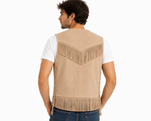 Chaleco Formal Occidental para Hombre de Alta Calidad, Beige, Transpirable, de Cuero de Ante con Flecos, Cuentas y Adornos, Hecho a Mano, Cuello en V, Verano, OEM - Product Image 4
