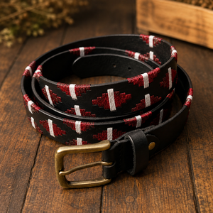 Cinturón de Cuero Étnico Bordado con Patrón Geométrico Rojo Blanco Negro Hebilla de Pin Casual Rectangular de Cobre Duradero - Product Image 6