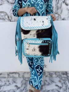 Mochila de Cuero con Flecos de Piel de Vaca, Color Turquesa, Unisex, Hermosa Mochila de Diseño Hecha a Mano, Multiusos - Product Image 3