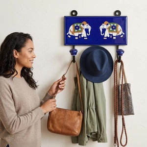 Beads Art Vintage Rustic Blue Elephant Tile Cast Iron Ceramic Eco-Friendly Adjustable Multifunction Wall Mounted <b>Hooks</b> <b>Rails</b> - Product Image 2