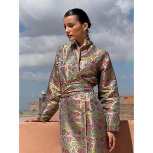 Traditional Winter Kimono-<b>kaftan</b> Peach Silk Brocade Subtle Textured Motif High Neckline Floor-Length Wrinkle-Free - Product Image 5