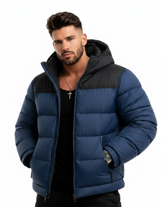 Veste matelassée à capuche bicolore pour homme, légère et chaude pour l'hiver, avec fermeture éclair, coupe-vent décontractée pour l'extérieur, noir et bleu - Product Image 1