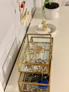 <b>Rectangular</b> Brass Plated Glass Jewelry Box With Lid Elegant Storage Case - Product Image 4