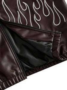 Veste en cuir pour homme, broderie flamme, fermeture éclair, style bomber, streetwear, vêtement d'extérieur tendance - Product Image 4