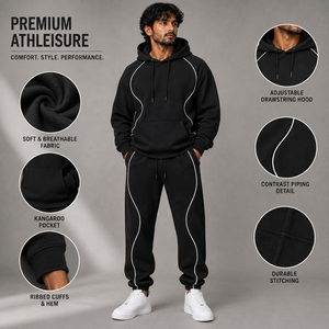 Ensemble de survêtement noir à capuche pour homme avec sweat à capuche et pantalon de jogging à bordure contrastante blanche, vêtements de sport décontractés - Product Image 6